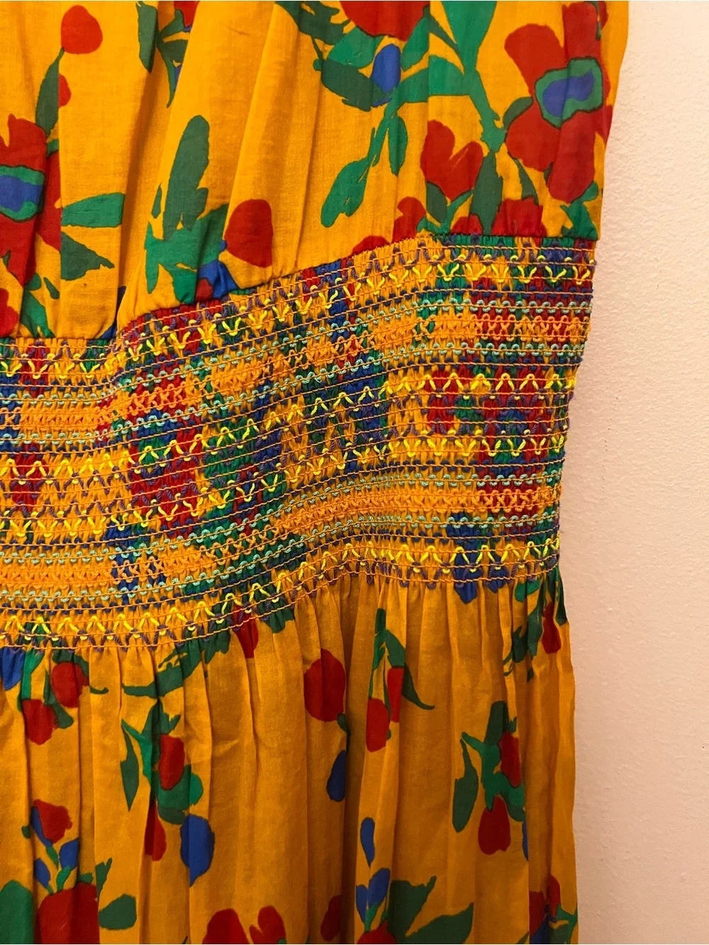 Tory Burch Colorful Resortwear Floral-Print Smocked Cotton Maxi Dress XL